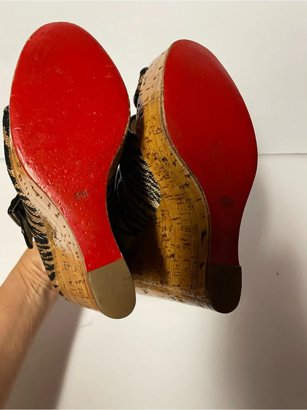 Christian Louboutin Black and Tan Zebra Cork Wedge Mary Jane Pumps 36